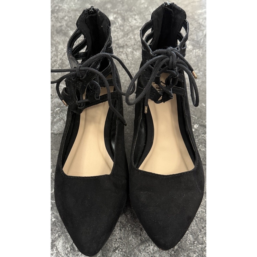 Fioni Womens Ankle Tie Faux Suede Ballet Flats Point Back Zip Black Sz 10